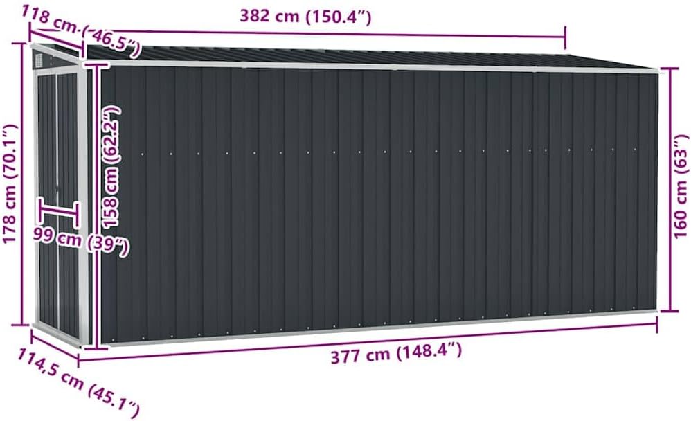 karaca-alisveris Abri de Jardin Mural Anthracite 118x382x178 cm Acier,Structures extérieures, Cabanes & abris de Jardin,316231