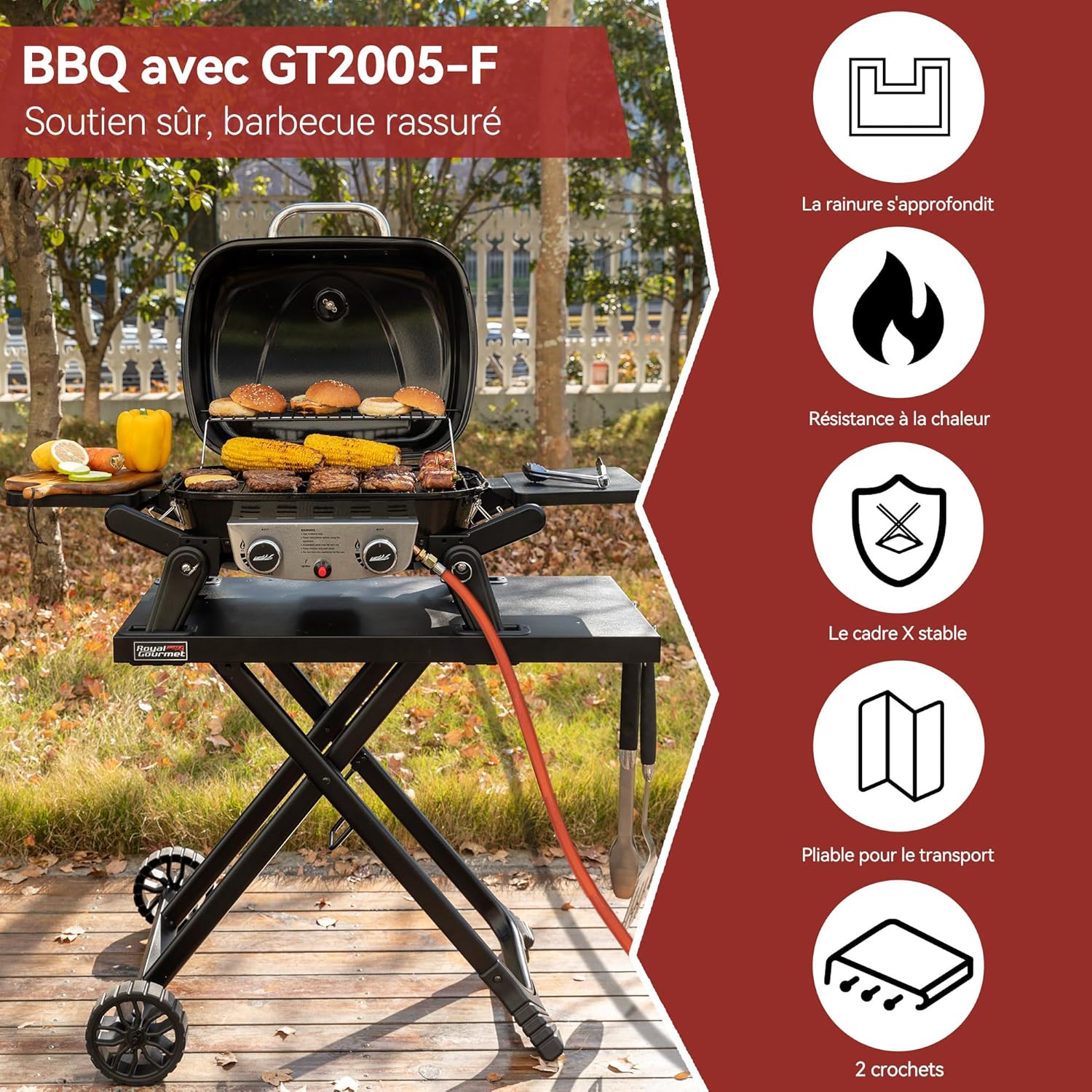 karaca-alisveris - barbecue gaz portable - 48x37 cm - 2 brûleurs, tables pliantes, chariot détachable, 5kW