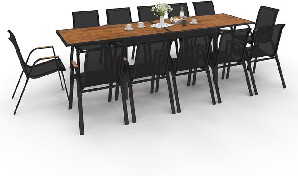 karaca-alisveris - Salon de Jardin NOUMEA Table Extensible 135/270 cm Plateau Effet Bois et 12 chaises empilables Noir et Bois