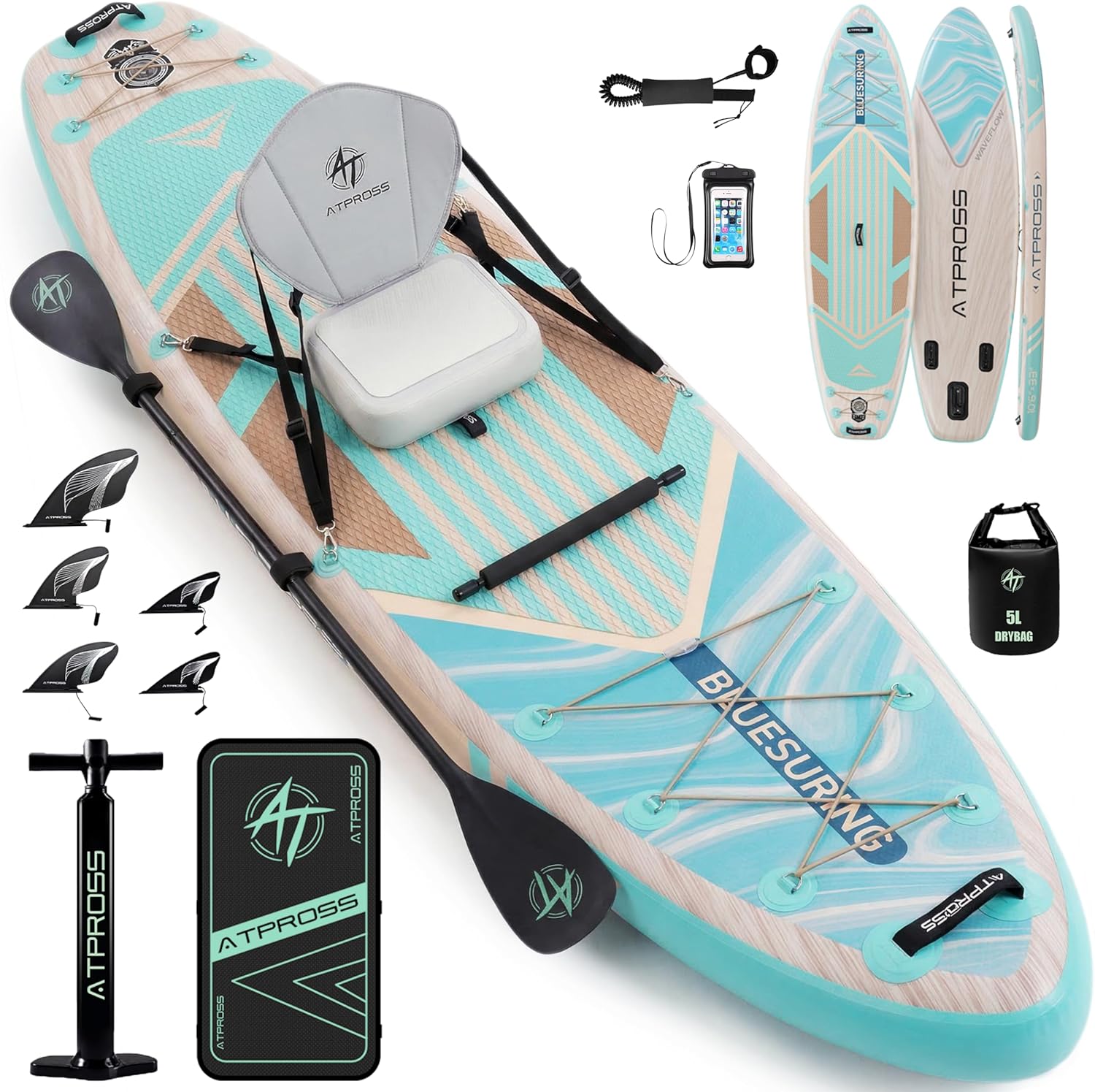 Planche de Paddle Gonflable Adulte avec Siège Kayak & Accessoires, 366x92cm Sup Extra Large & Stable, Charge 240kg, Kayak Gonflable 2 Places pour Yoga, Pêche et Surf