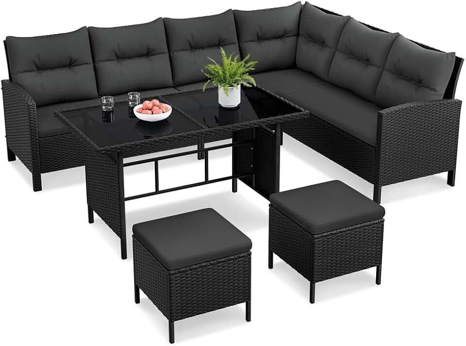 karaca-alisveris - Salon de jardin 4 pièces - polyrotin, ottomans, table - noir/gris