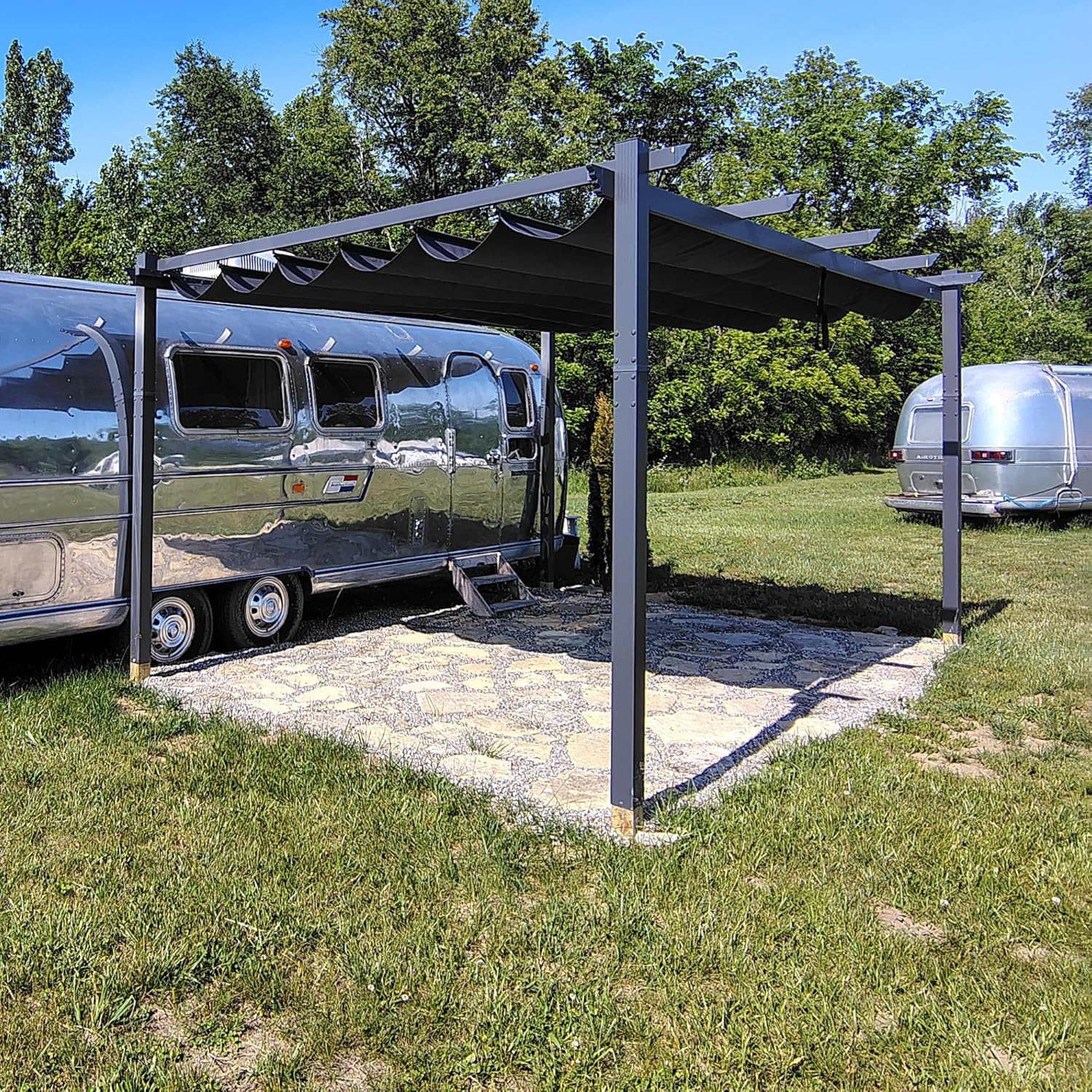 karaca-alisveris - pergola aluminium - 4 x 3,2 m - toit coulissant, tissu teint, gris