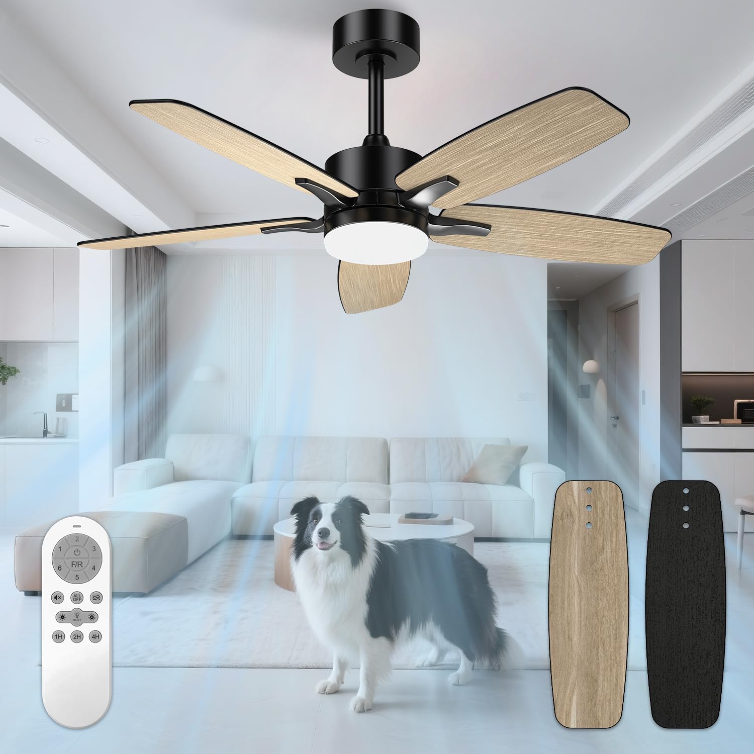 Ventilateur plafond LED 106cm, 5 pales bois/noir, télécommande, minuterie, 6 vitesses
