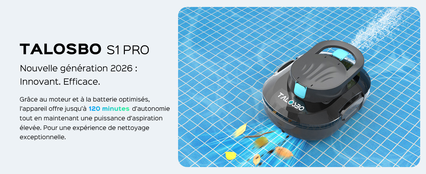 Le texte se lit comme suit : « karaca-alisveris S1 PRO nouvelle génération 2026 ! Innovant. Efficace. » Aspirateur robotique noir avec accent bleu représenté sur une surface quadrillée bleue sous un angle différent.