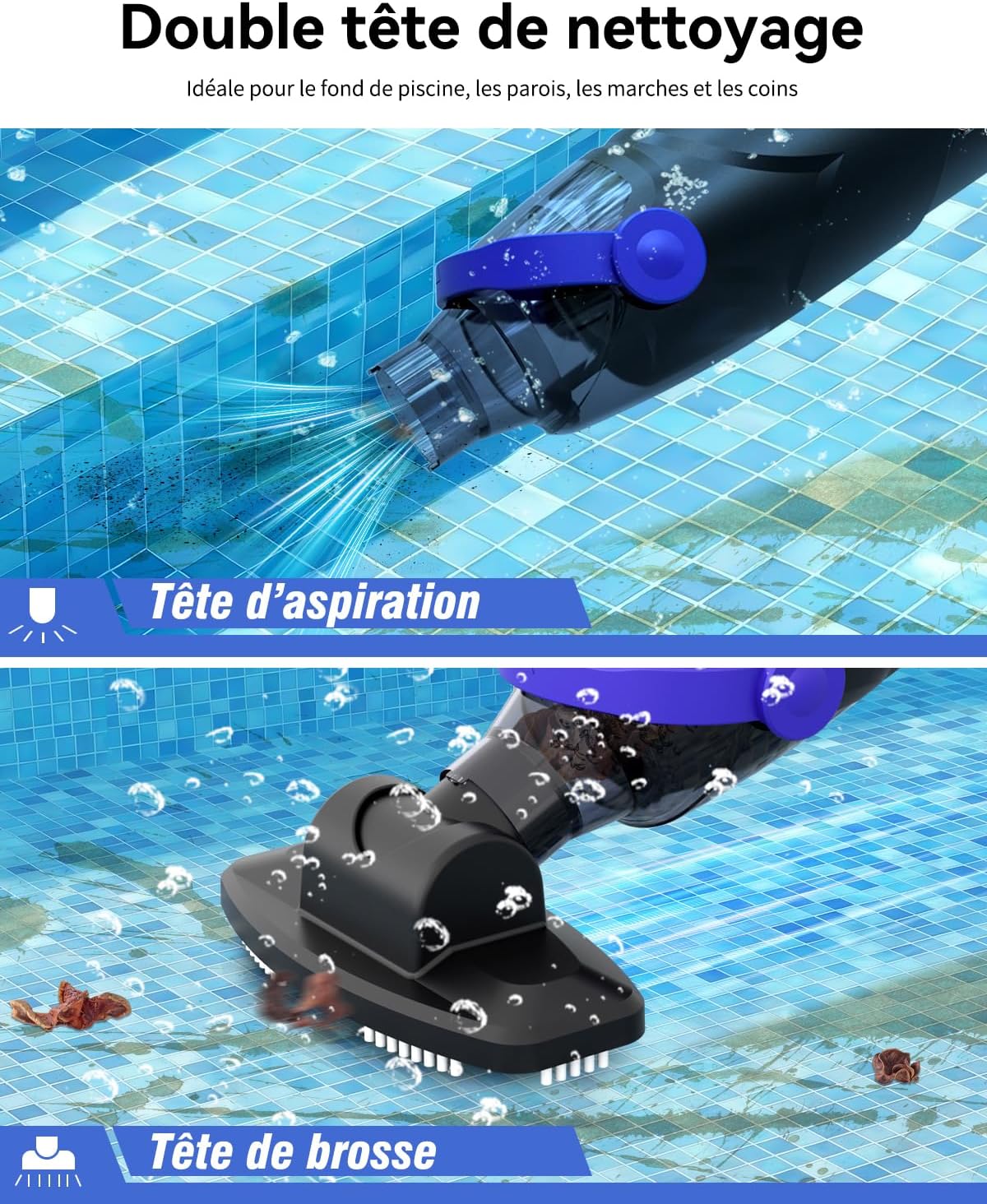 Aspirateur piscine sans fil - 4100 L/h - 36,8 kPa - 60 min, 2 filtres