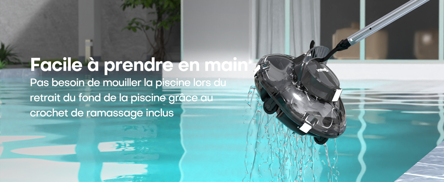 émergeant de l'eau et pulvérisant de l'eau. L'appareil a un corps gris avec des roues. Le texte décrit une manipulation facile sans avoir besoin de mouiller les bras.
