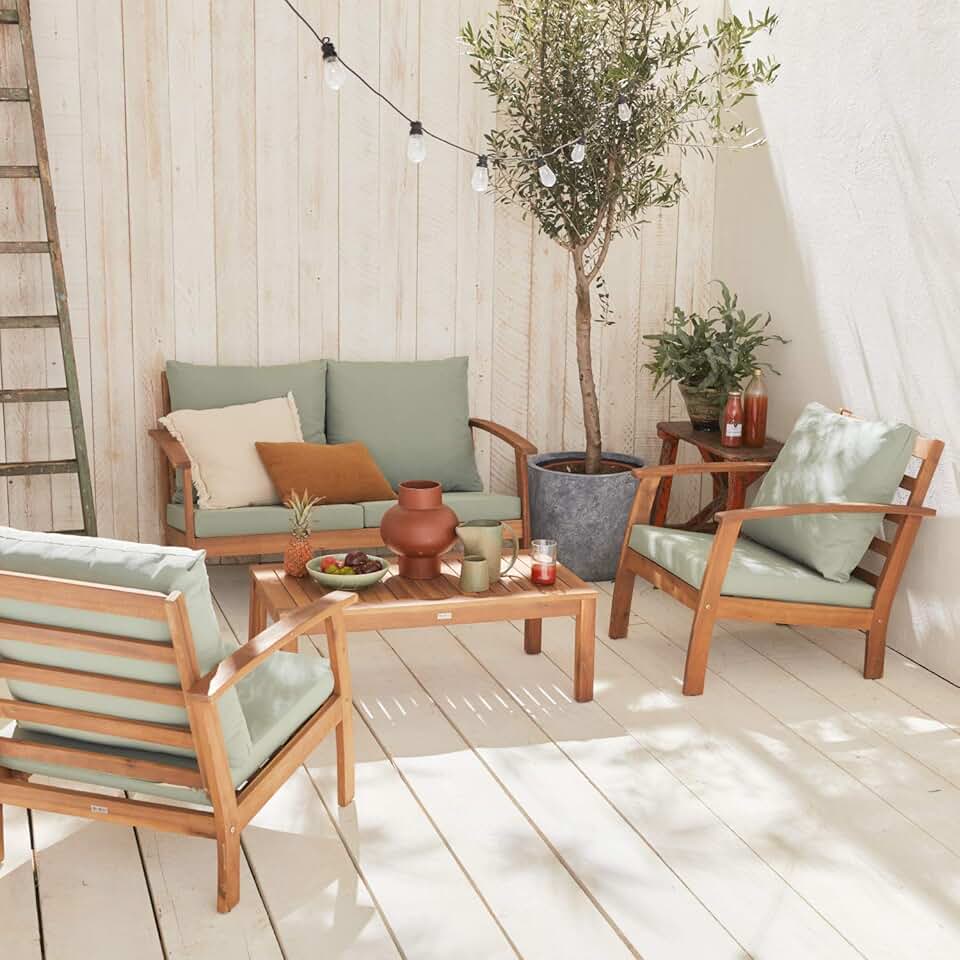 karaca-alisveris - Ushuaïa - Salon de jardin bois 4 places, coussins verts, canapé, fauteuils, table basse
