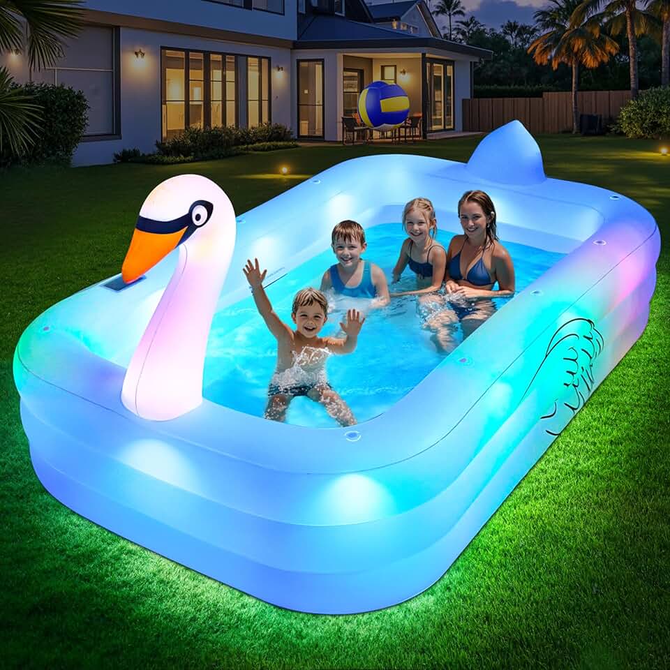 karaca-alisveris Piscine Gonflable avec Lumières, Swan Piscine Gonflable Adulte, 255x160x50cm Grande Piscines Gonflables Rectangulaire, Swimming Pool Surdimensionnée pour Enfants et Famille, pour Jardin