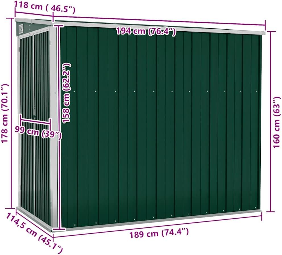 karaca-alisveris Abri de Jardin Mural Vert 118x194x178 cm Acier galvanisé,Structures extérieures, Cabanes & abris de Jardin,316221