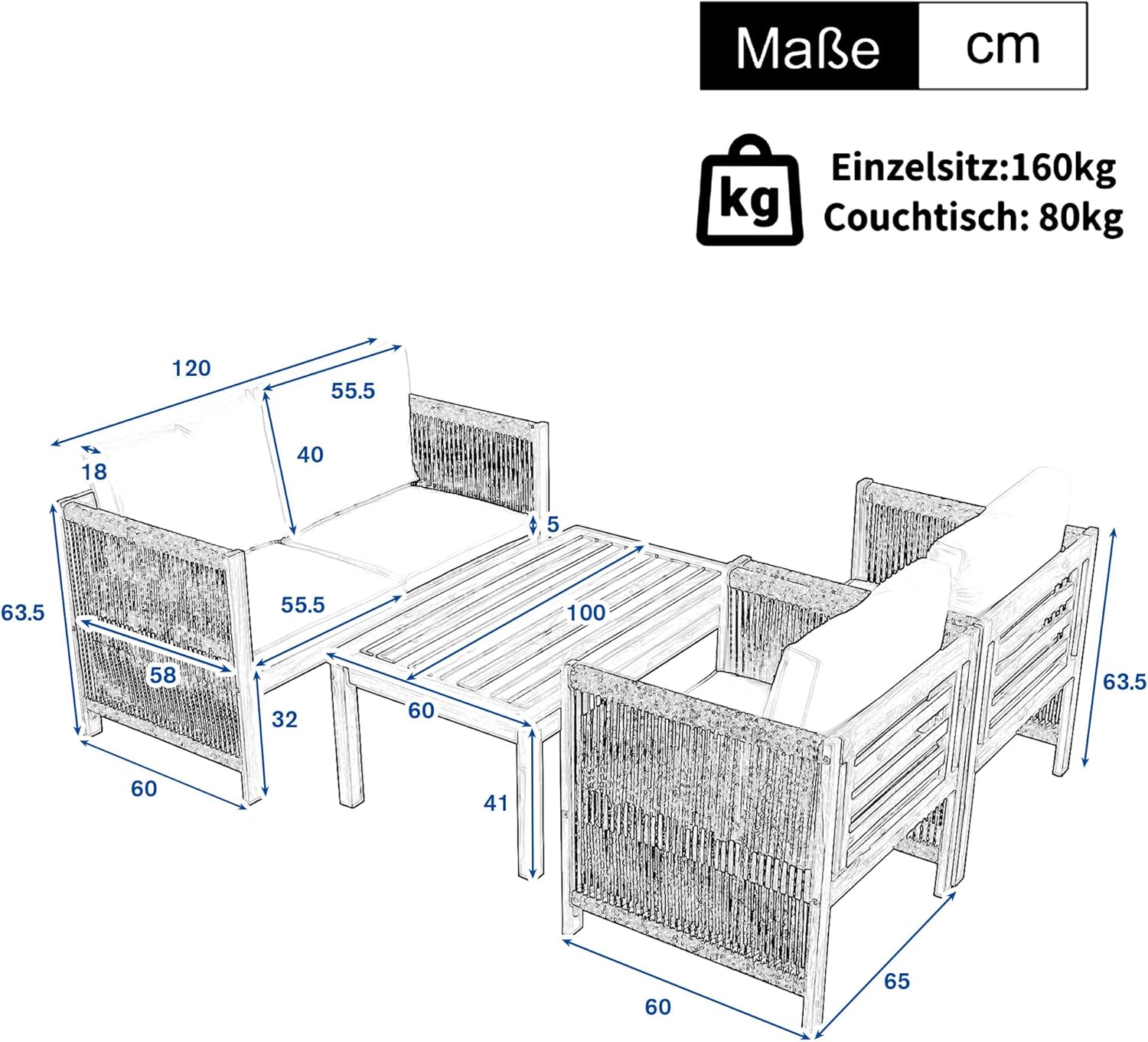Meuble de jardin - canapé 2 places, 2 fauteuils, table basse - rotin tressé, acacia, 4 personnes, terrasse extérieure