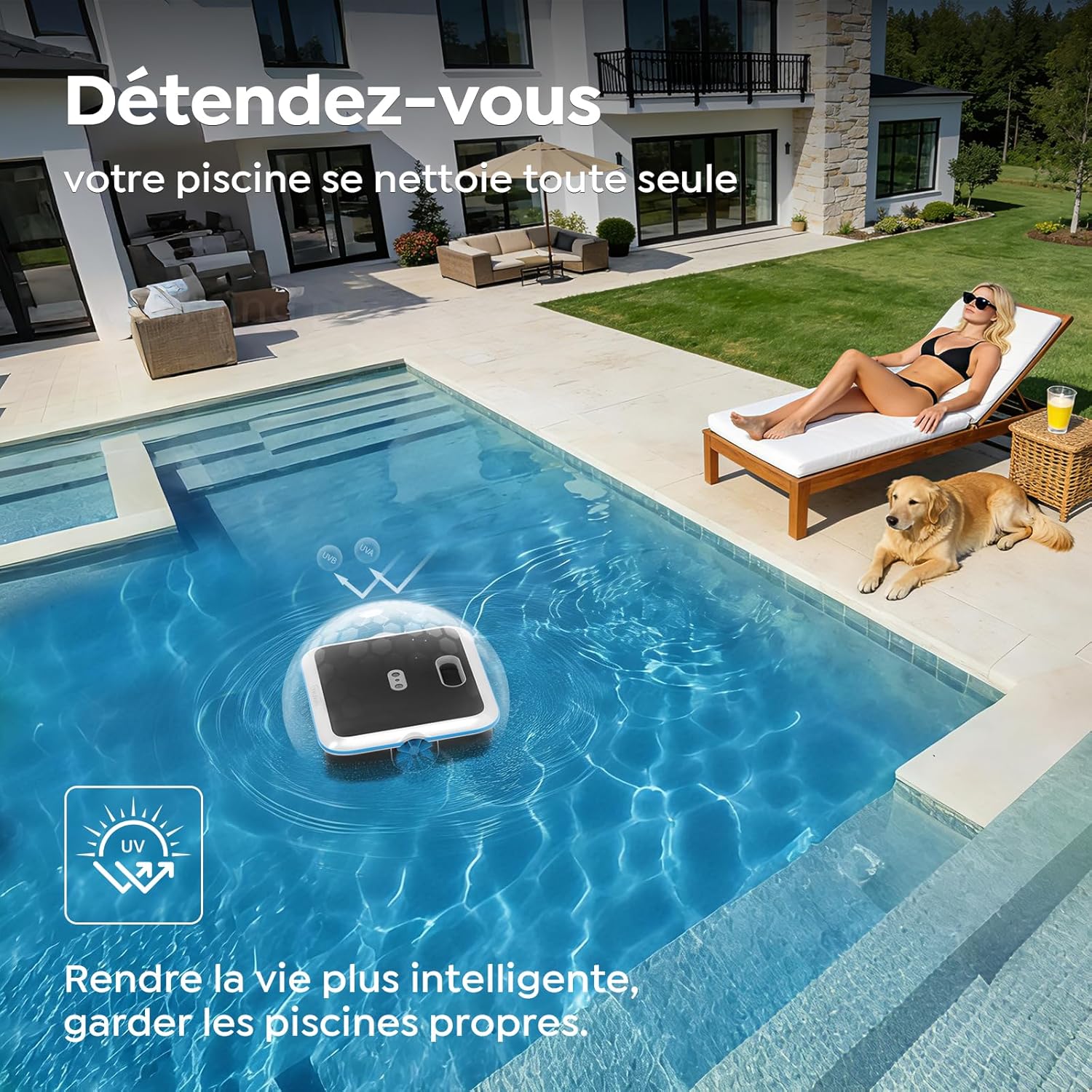 Robot skimmer piscine solaire sans fil, contrôle app, double recharge, SK02