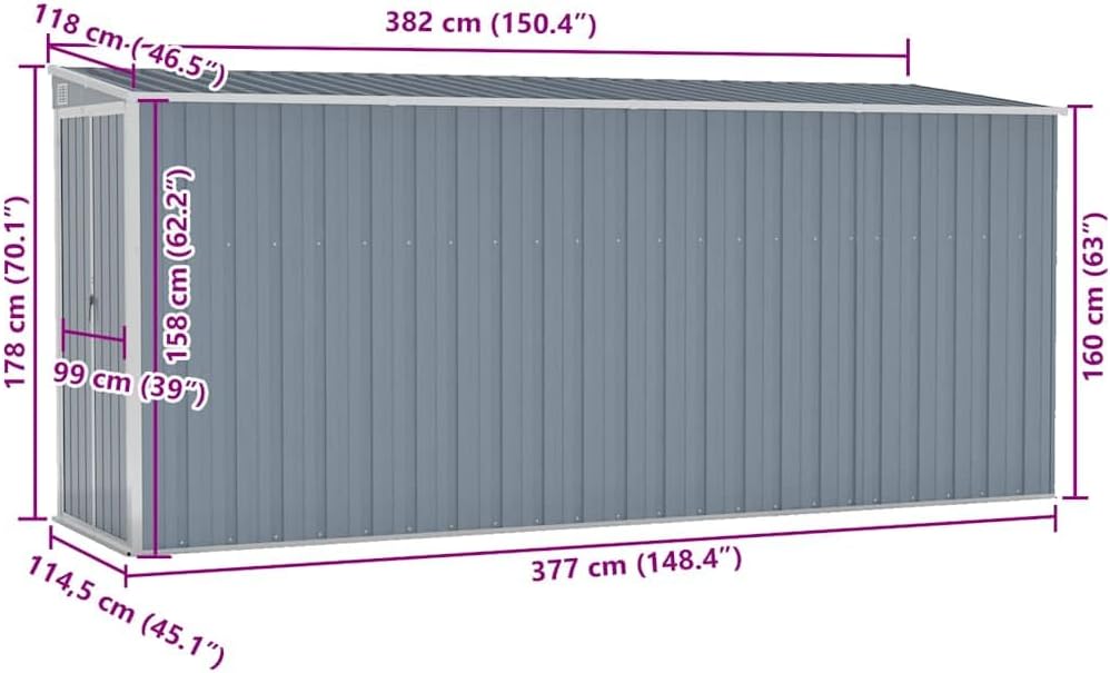 karaca-alisveris Abri de Jardin Mural Gris 118x382x178 cm Acier galvanisé, Maison & Jardin, Pelouses & Jardins, Vie en extérieur, Structures extérieures, Cabanes & abris de Jardin, Gris, (Poids 47.9KG)