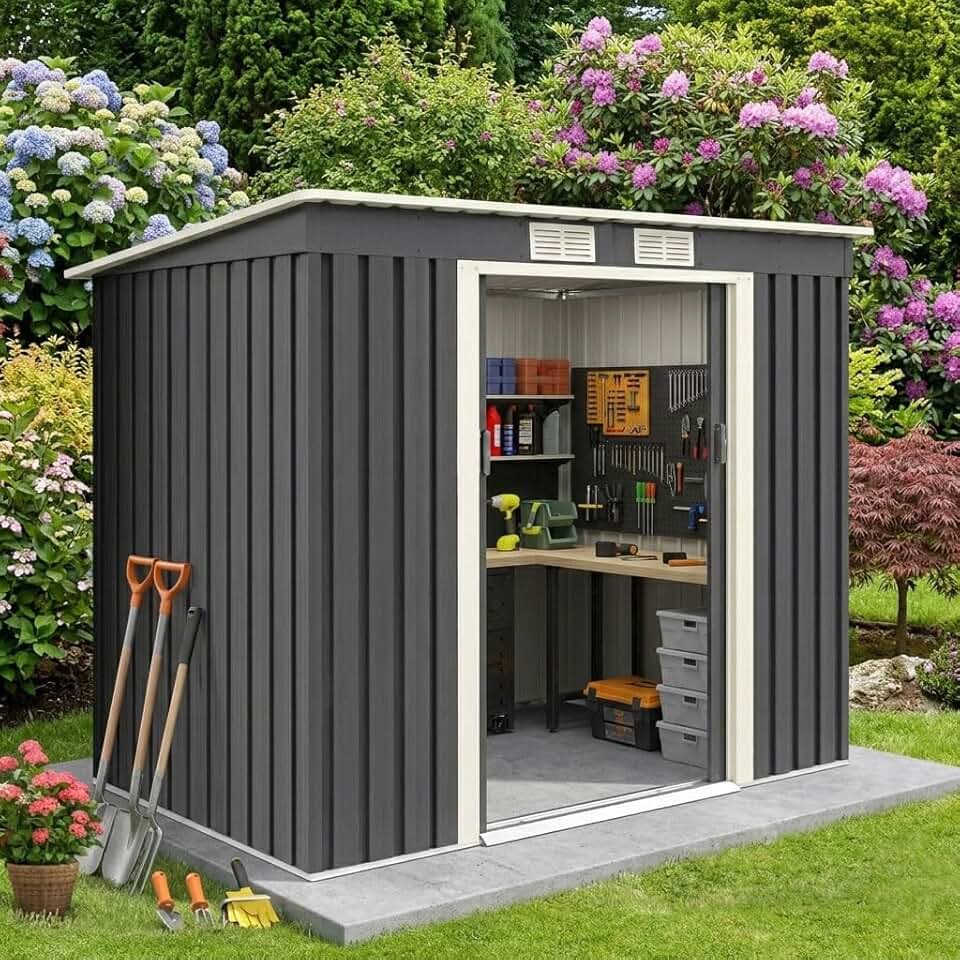 karaca-alisveris 2,37M² Abri de Jardin en Acier Galvanisé Résistant 4,1m³, 213x130x173CM, Cabane de Jardin Exterieur avec 2 Portes Coulissant, 2 Aérations, Toit Incliné, Rangement Outils pour Pelouse, Patio