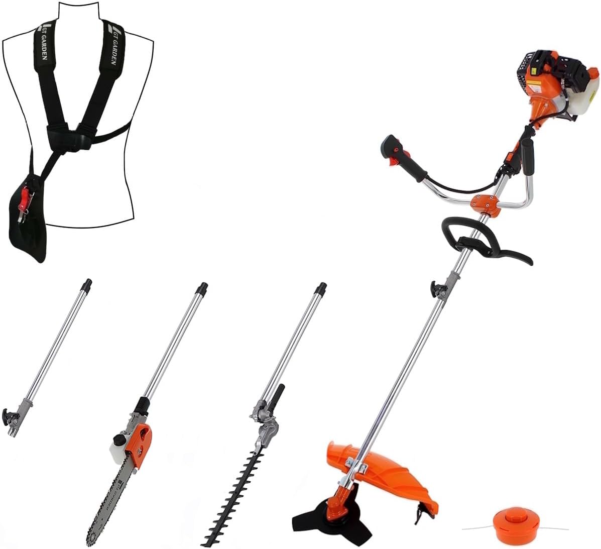 karaca-alisveris - multifonction 4 en 1 thermique - 3 outils + rallonge - tronçonneuse, débroussailleuse, taille-haies