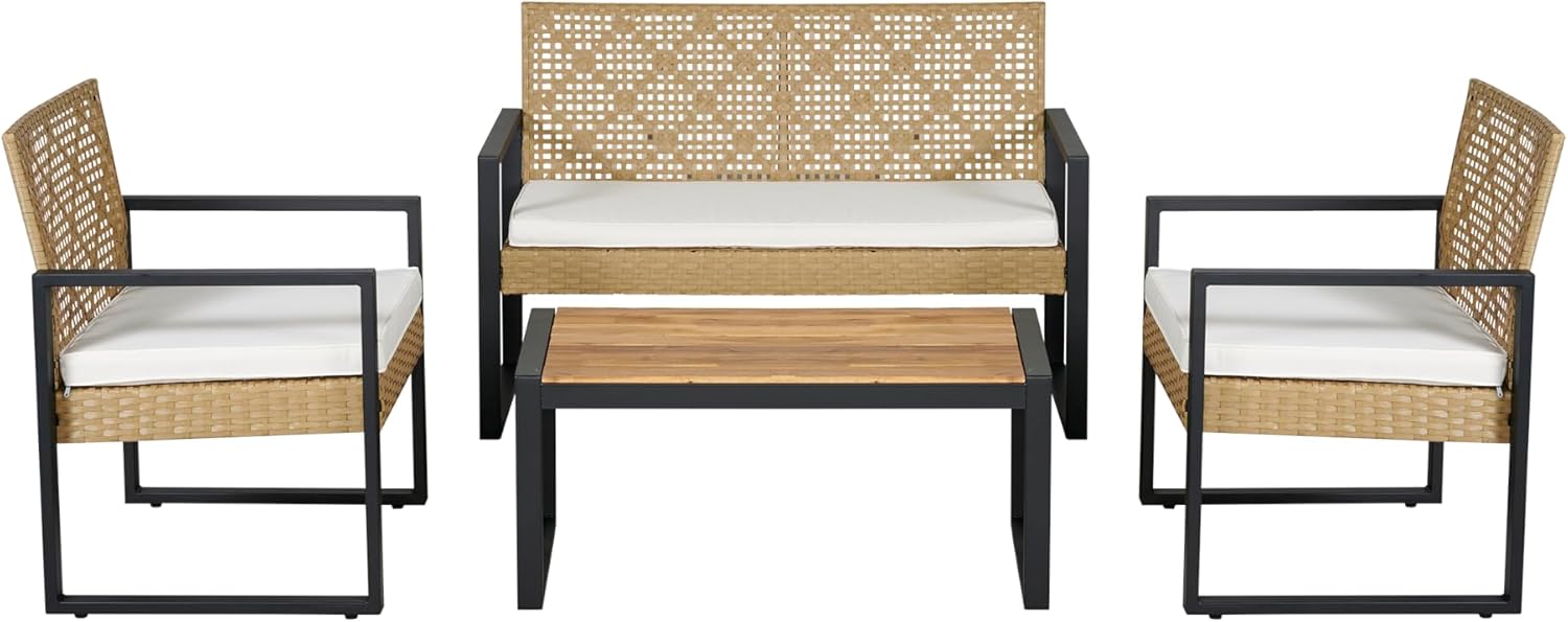 karaca-alisveris - Salon de jardin 4 pièces, acier/acacia, 2 chaises + banc, beige/naturel