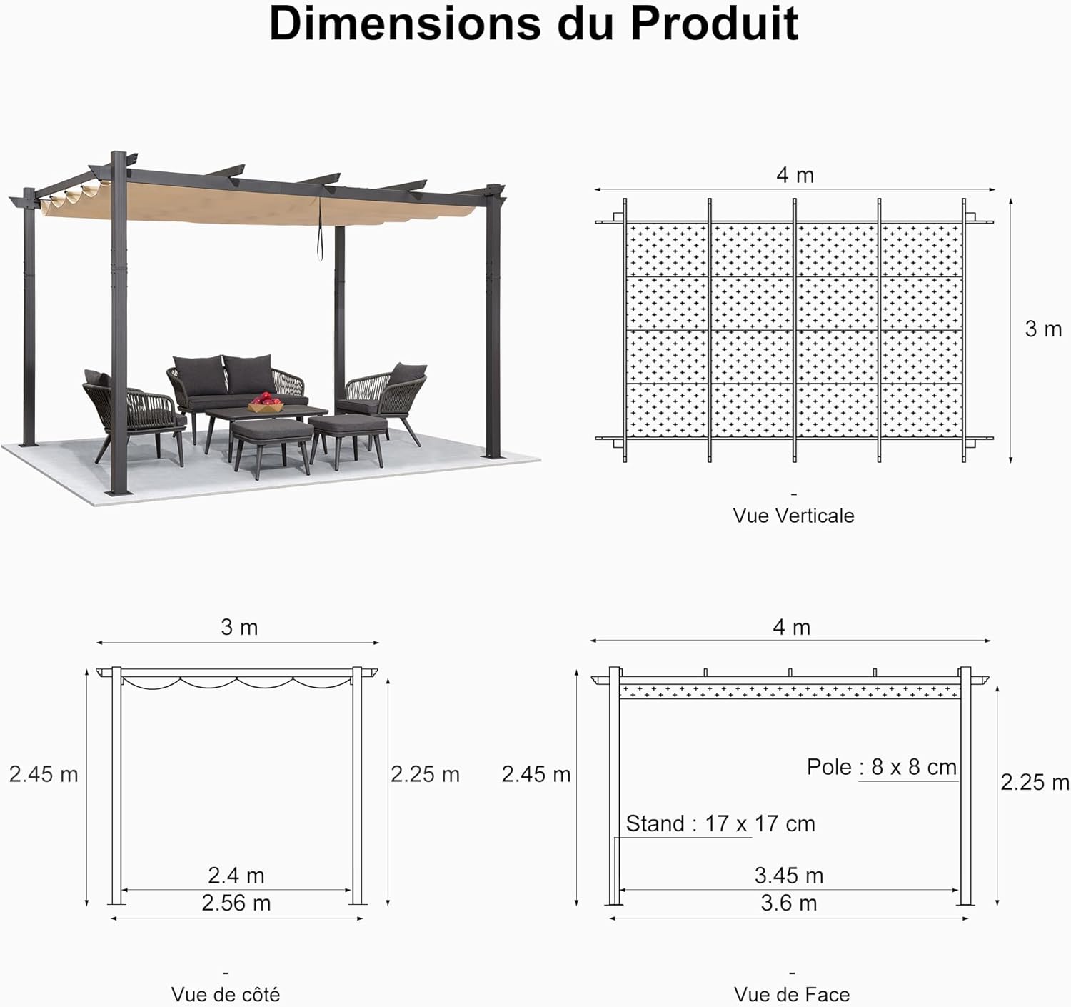 karaca-alisveris - Pergola aluminium LED, toit rétractable, 4x3m, kaki