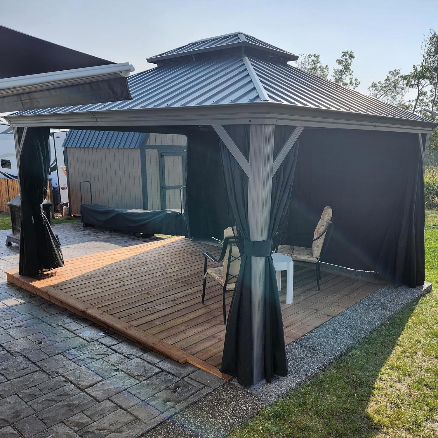 karaca-alisveris - tonnelle jardin double toit - 3,65x4,25m - aluminium, moustiquaire, rideaux