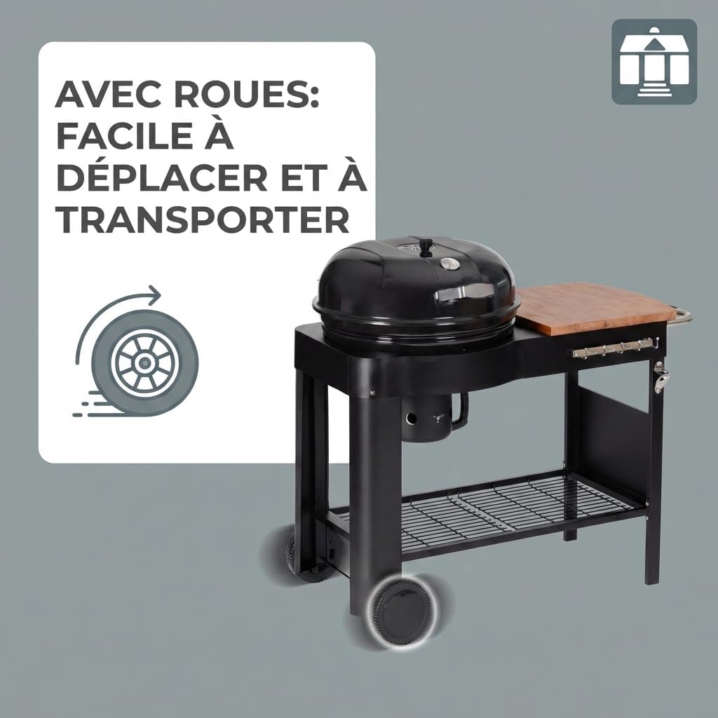 karaca-alisveris - Barbecue Calgary - acier/bois - couvercle thermomètre, tablettes, 2 roues, noir