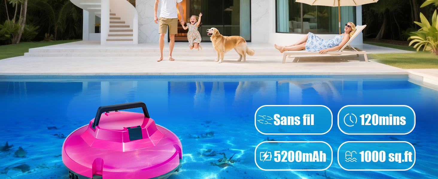 dans une piscine bleu vif. Les spécifications du produit indiquent une capacité de 5200 mAh et des caractéristiques d'étanchéité