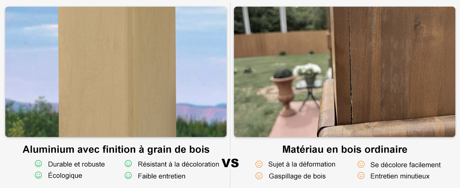 Image fractionnée comparant l'aluminium avec finition en grain de bois (à gauche) à des matériaux en bois ordinaires (à droite), montrant les différences de texture et d'apparence.