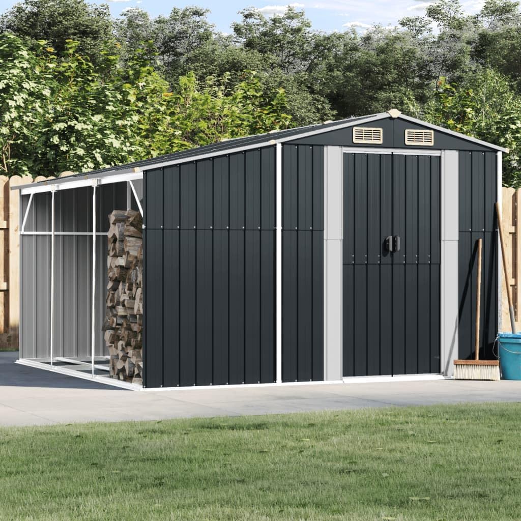 Abri de jardin en acier galvanisé avec toit incliné et trémie à charbon, finition anthracite durable, 277 x 279 x 179 cm