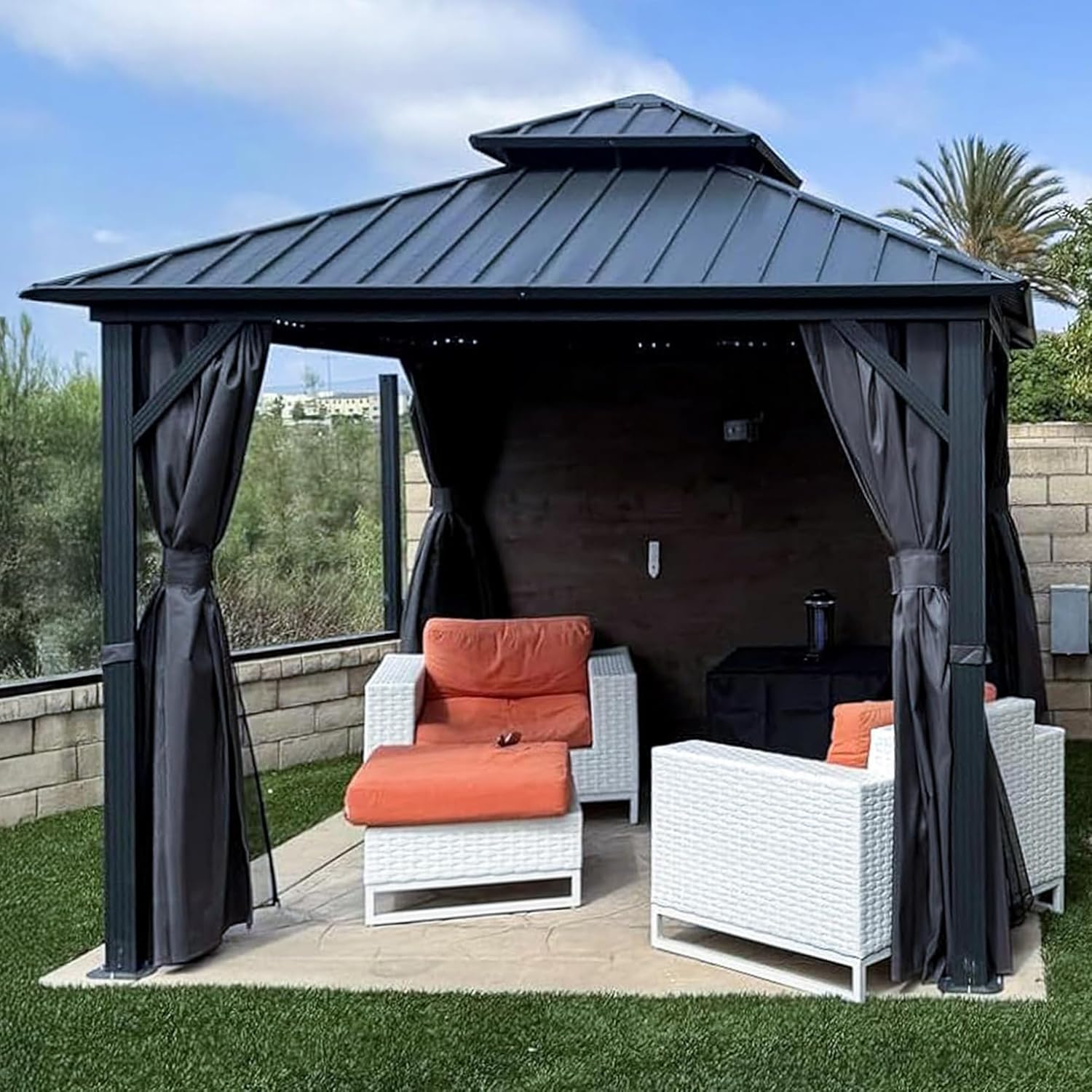 karaca-alisveris - Tonnelle de jardin alu 3x3 m toit double, rideaux, gris