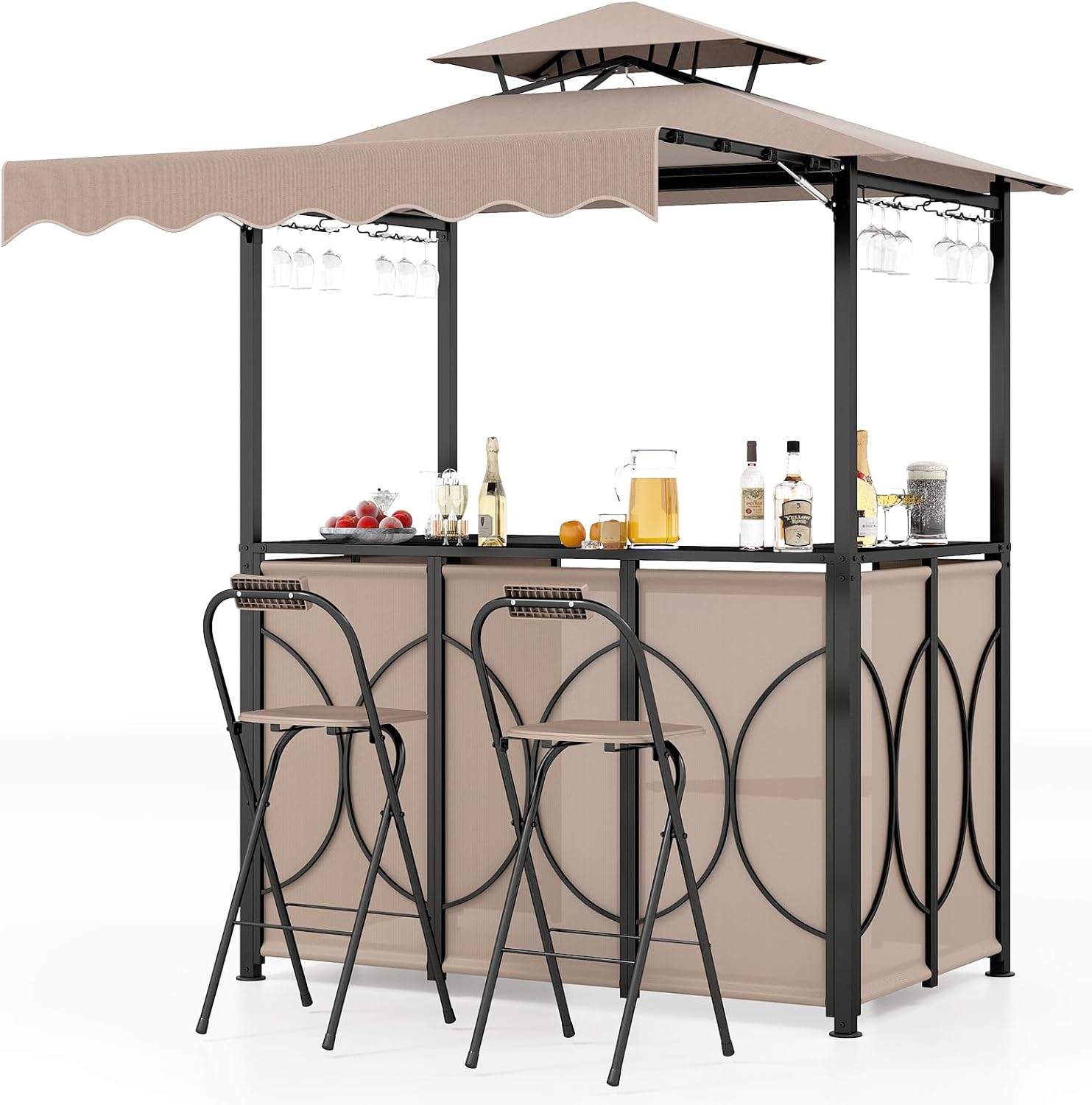 karaca-alisveris - Tonnelle barbecue extérieur 3 pcs, table bar, 2 chaises pliables, double toit, métal, marron