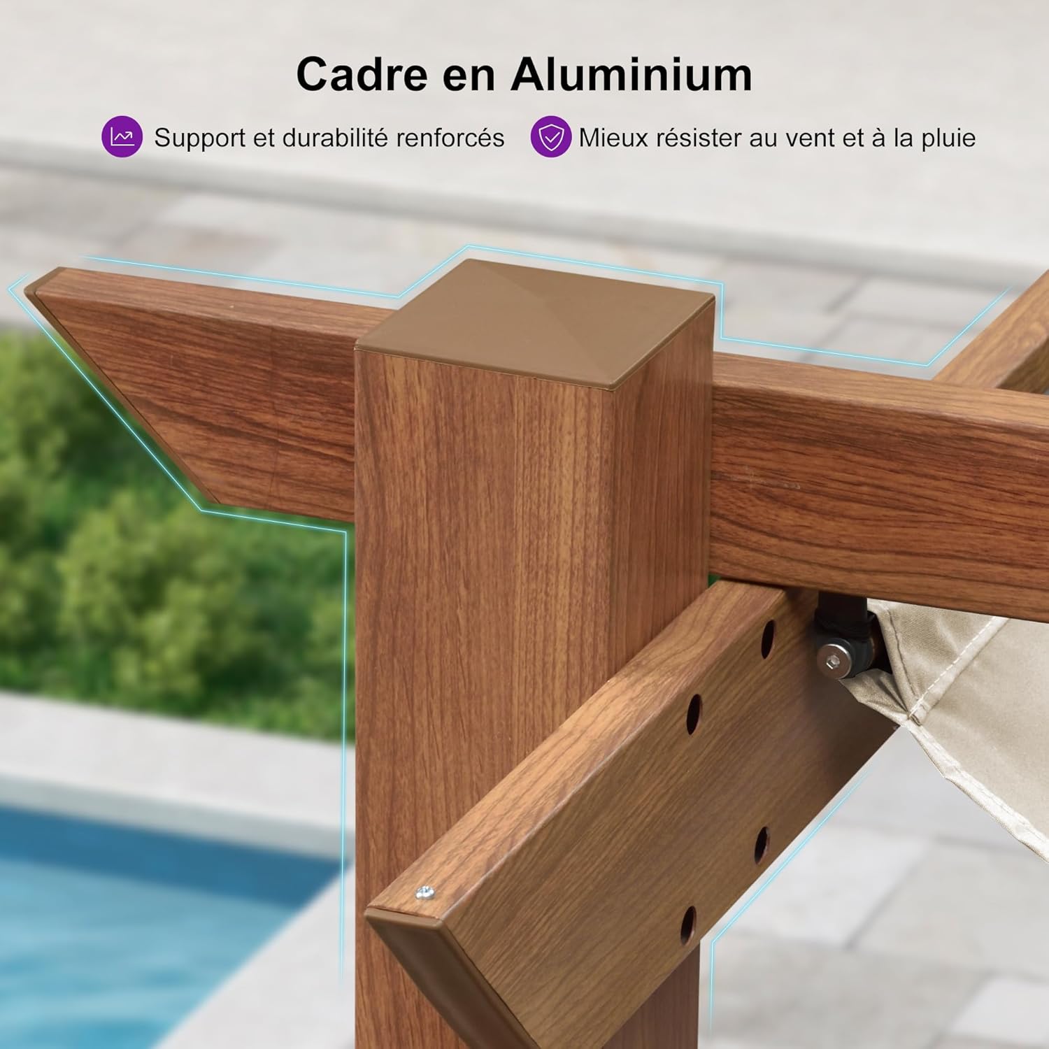 karaca-alisveris - pergola aluminium - 3x3m - teck, toile rétractable, kaki