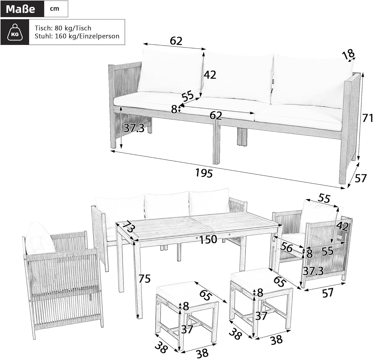 Salon de jardin - ensemble 7 places - canapé et table acacia - extérieur beige