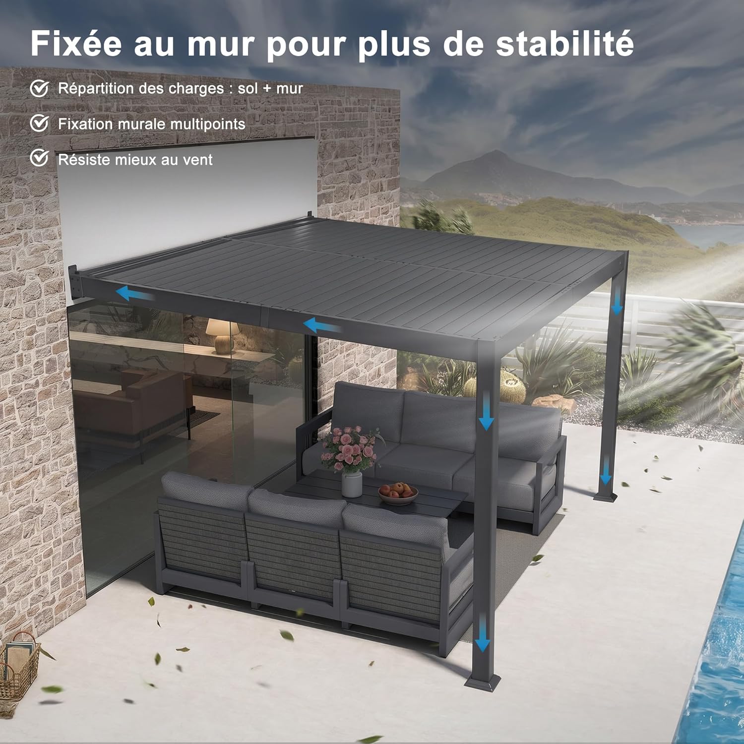 karaca-alisveris - Pergola adossée 3x3.65m aluminium lames orientables durable