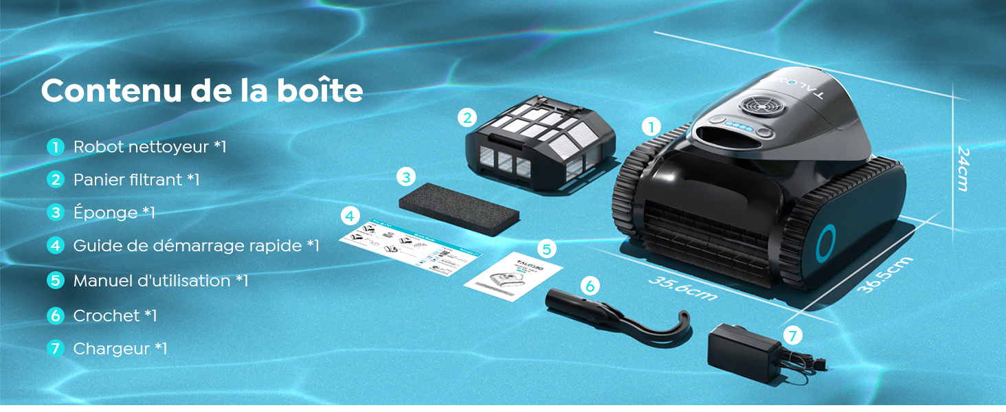 Le texte se lit comme suit : « Contenu de la boîte ». Disposition de déballage du produit montrant divers composants et accessoires électroniques sur fond bleu.