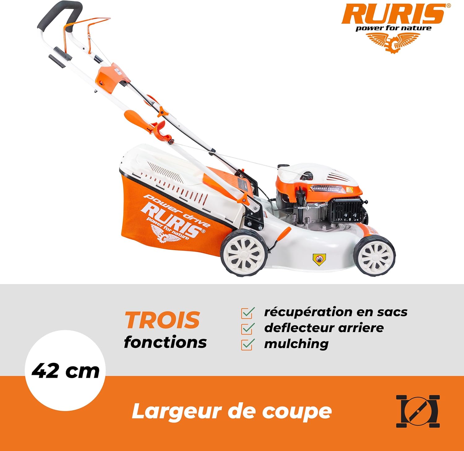RURIS Tondeuse à Gazon Thermique RX200S, 2,7 CV, 42 cm, Sac 45L, 3 en 1: Collecte, Éjection Arrière, Mulching, Châssis Acier, Hauteur Réglable 25-75 mm, Orange