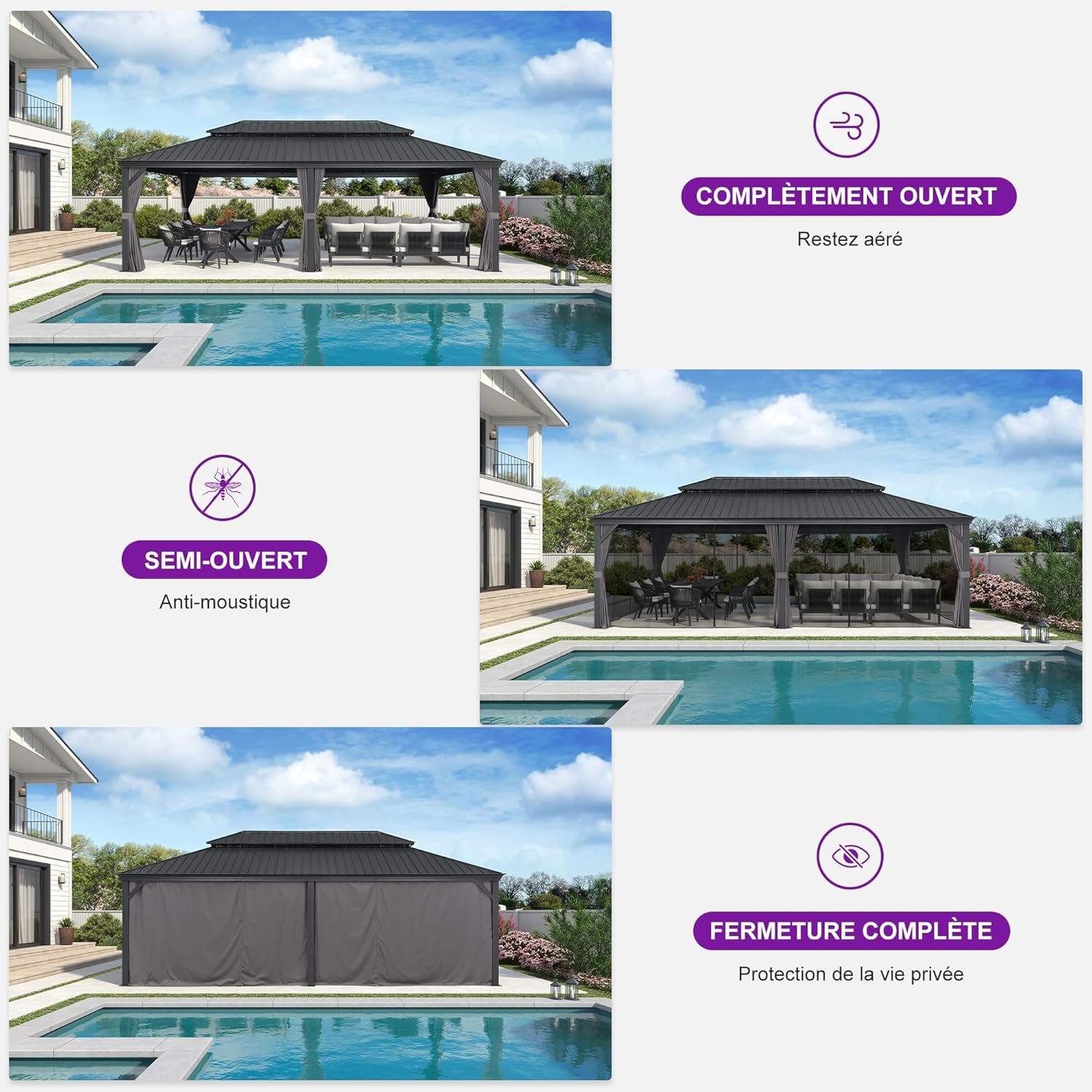 karaca-alisveris - Pergola série extérieure - 7.32x4.25m - alu, éclairage, moustiquaire, rideaux, gouttière, poteaux renforcé