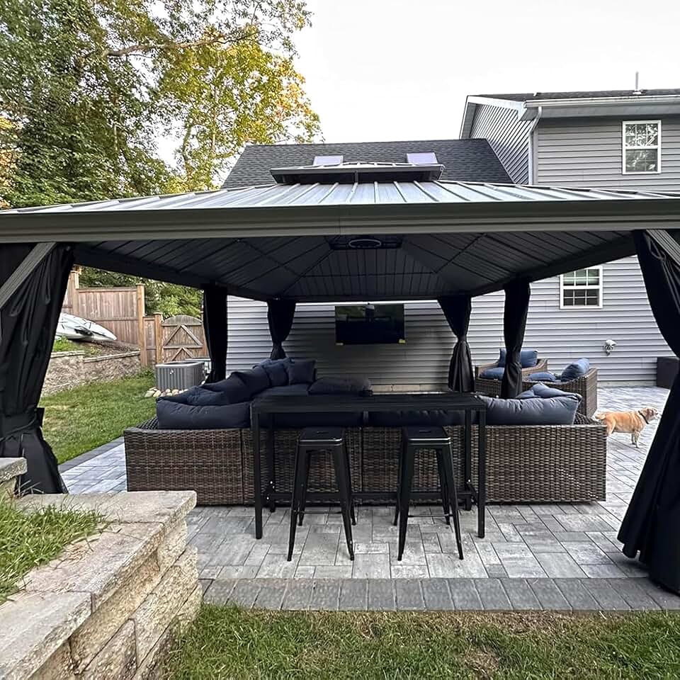 karaca-alisveris - pergola double toit - 4,25x6m - alu, rideaux, moustiquaire, guirlande