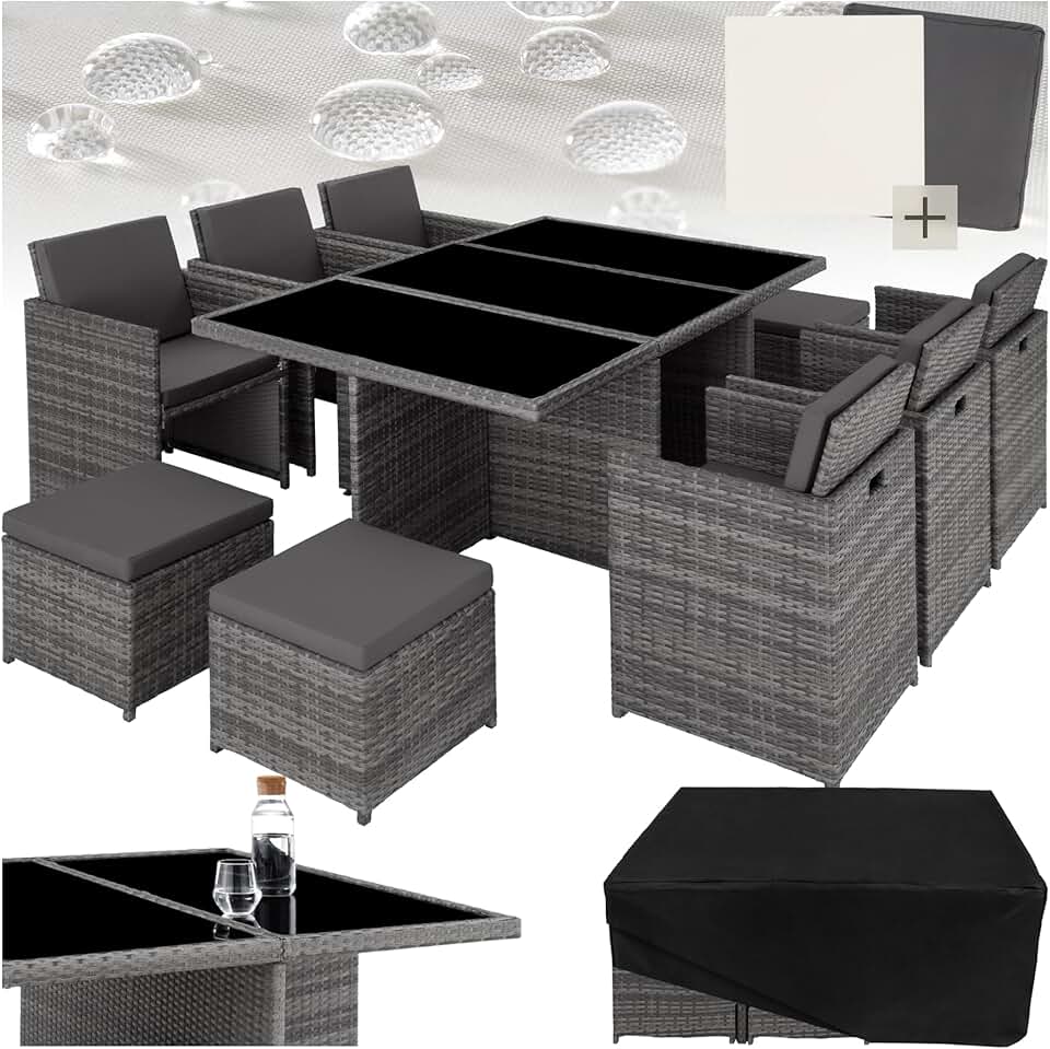 karaca-alisveris - Salon de jardin polyrotin 10 places, housses incluses, gris