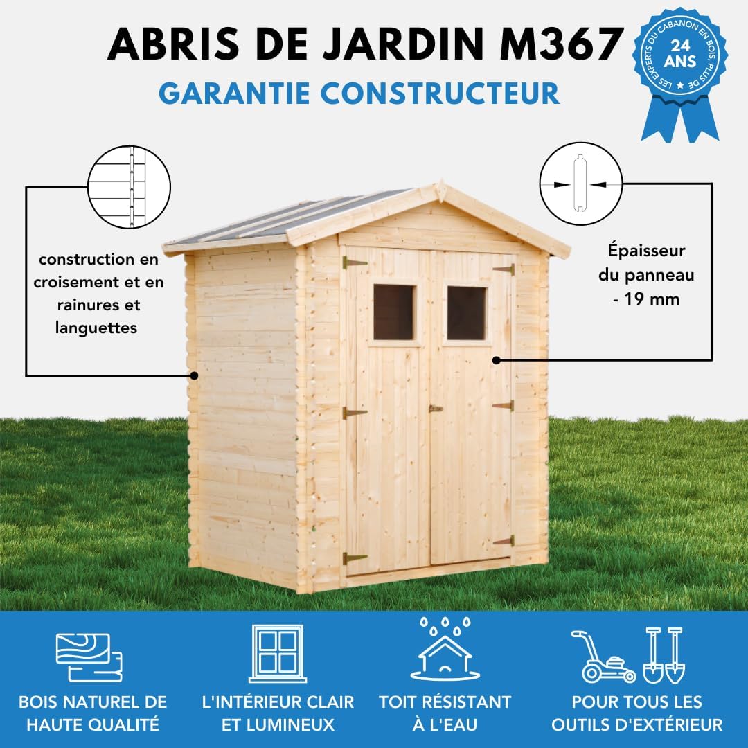 Abri de Jardin en Bois avec Sol TRAITÉ - Stockage extérieur I196xL136xH218 cm/ 1.98 m2 Petit abri à Outils, Local à vélos - Toit imperméable, fenêtres - karaca-alisveris M367