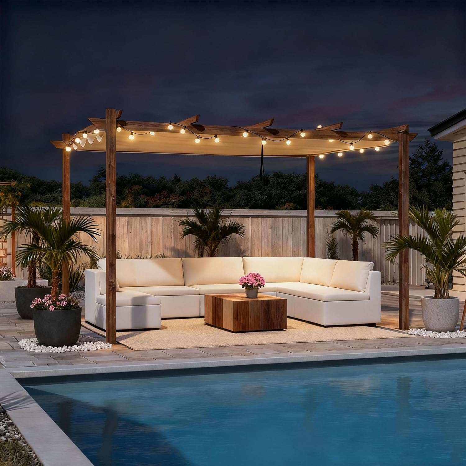 karaca-alisveris - Pergola aluminium 4x3m, toit rétractable, éclairage intégré, finition teck, kaki