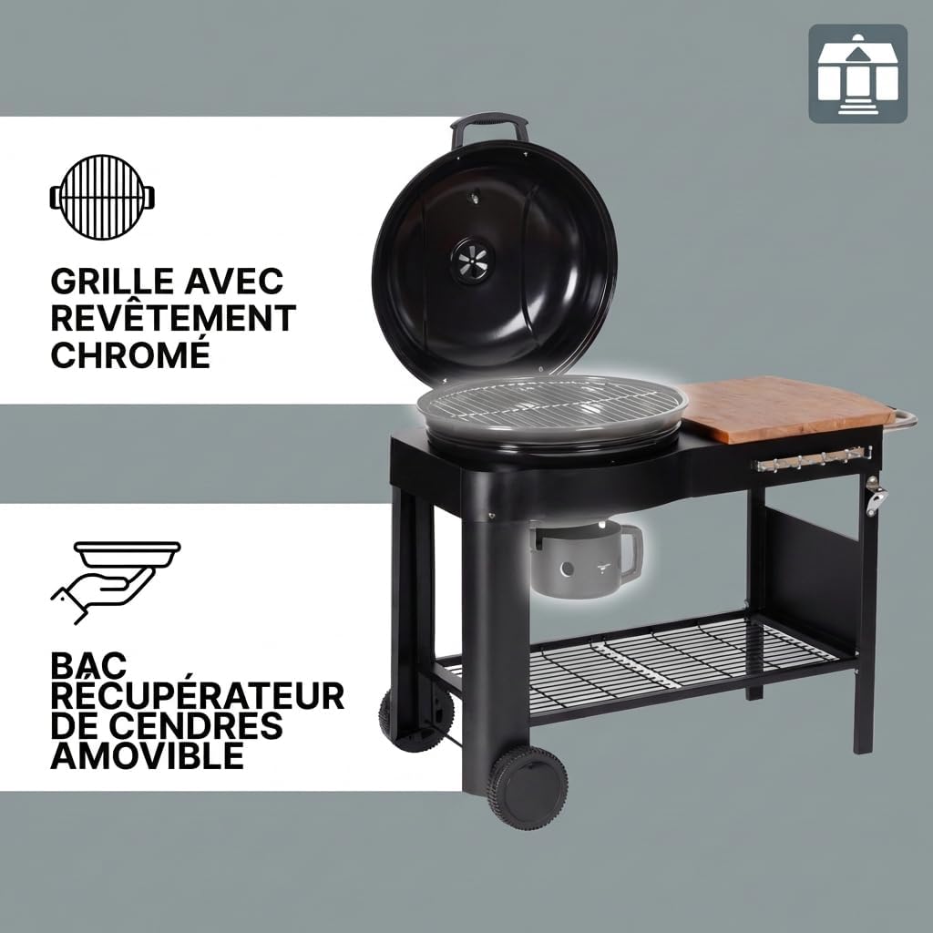 karaca-alisveris - Barbecue Calgary - acier/bois - couvercle thermomètre, tablettes, 2 roues, noir