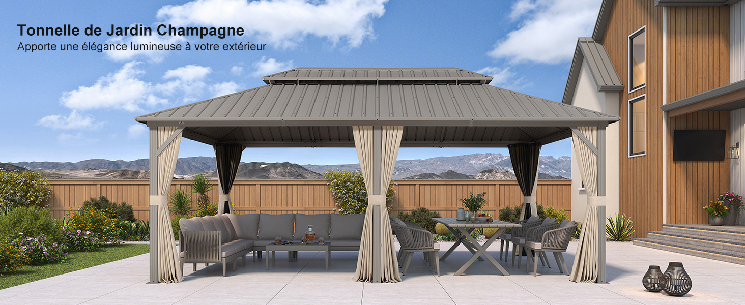 Le texte indique « Tonnelle de Jardin Champagne ». Pavillon de jardin extérieur avec rideaux en tissu beige et structure à ossature métallique présentée sous plusieurs angles.