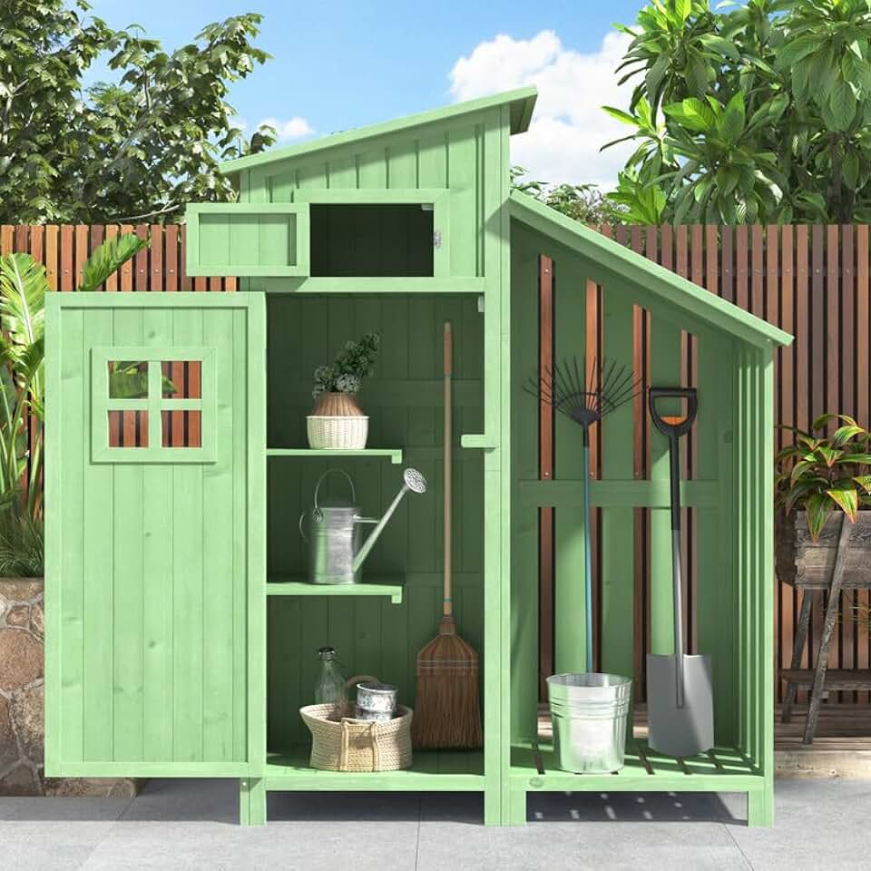 Abri de Jardin en Bois 124x46x174cm,Rangement Outils de Jardin,Cabane de Jardin Extérieur avec Serrure en PVC incliné à loquet,Vert