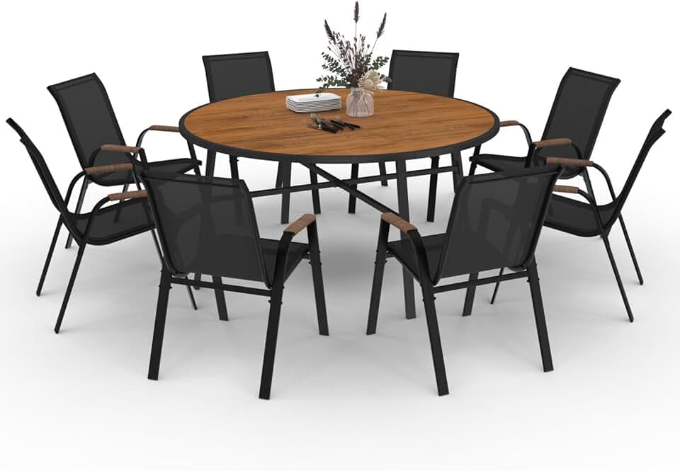 karaca-alisveris - Noumea - Table ø150 cm et 8 chaises empilables, verre et bois