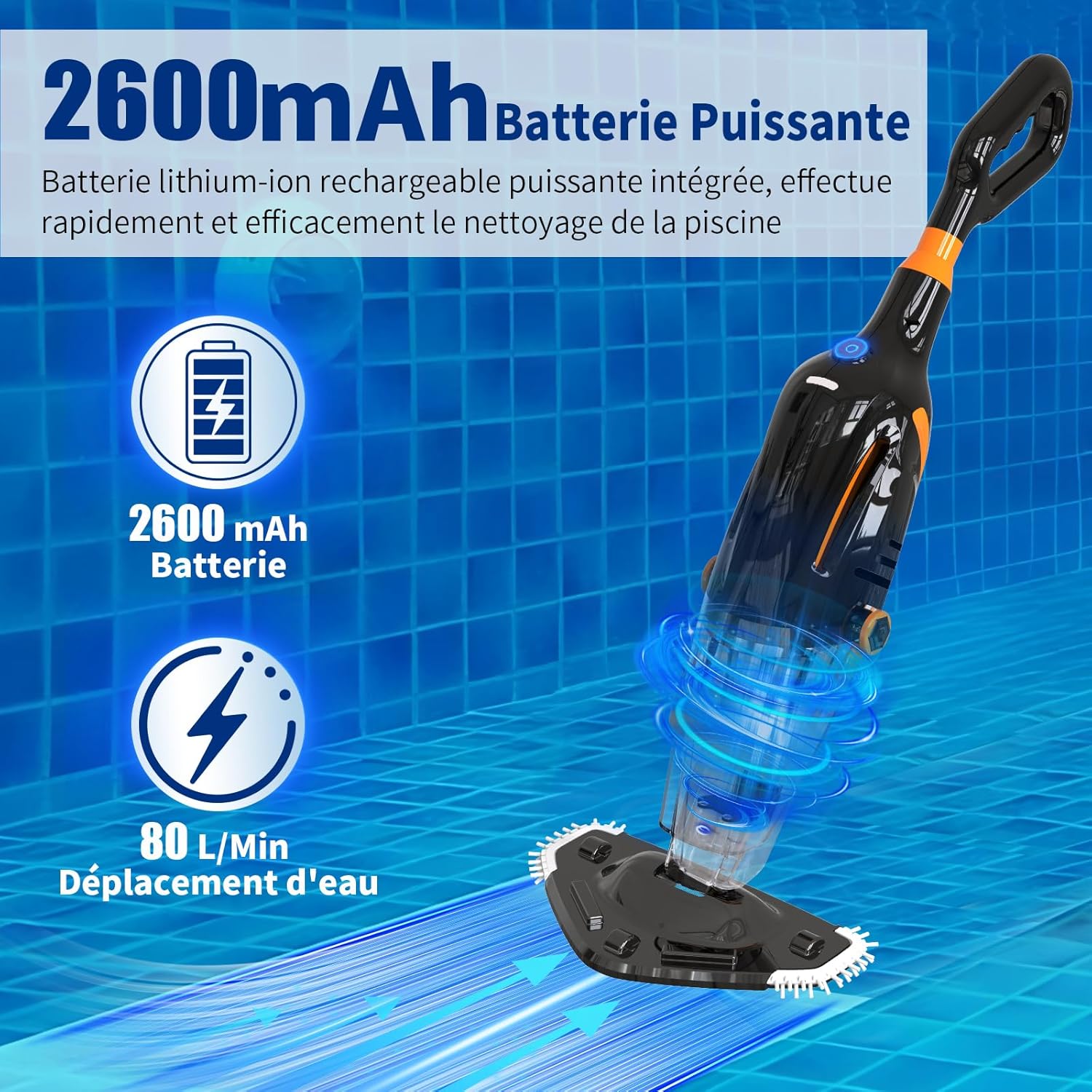 2026 Aspirateur de Piscine à Batterie Rechargeable, Aspirateur à Main sans Fil, 60 Minutes d'Autonomie Nettoyeur Électrique pour Piscine, Jacuzzi, Spa, Argenté