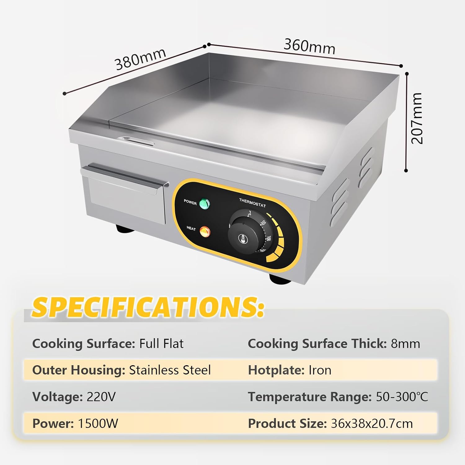Plancha professionnelle électrique - plaque inox lisse - 36x38x20 cm - protection gril