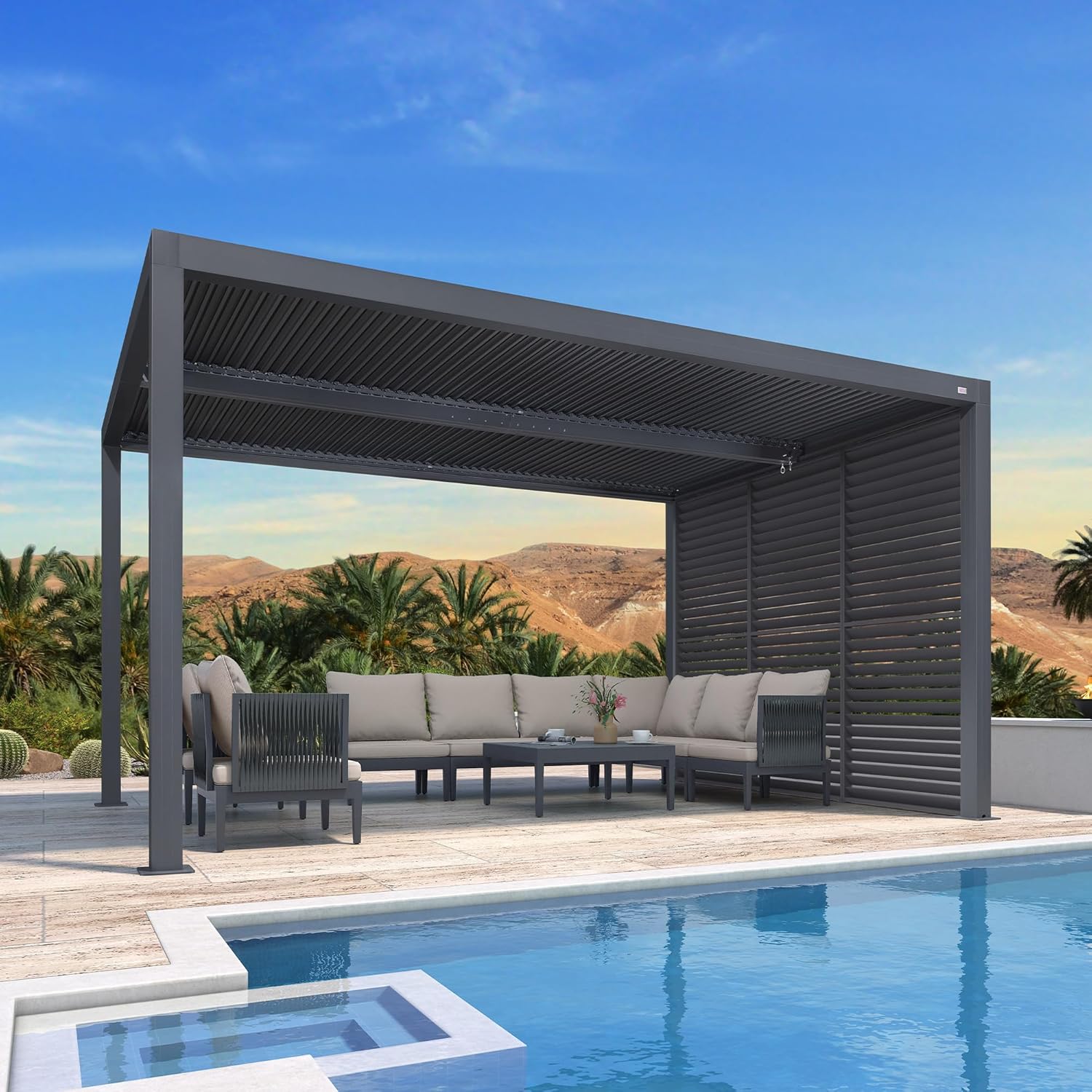 karaca-alisveris - Pergola bioclimatique - 4,24x3m - aluminium, persienne fixe, lames orientables