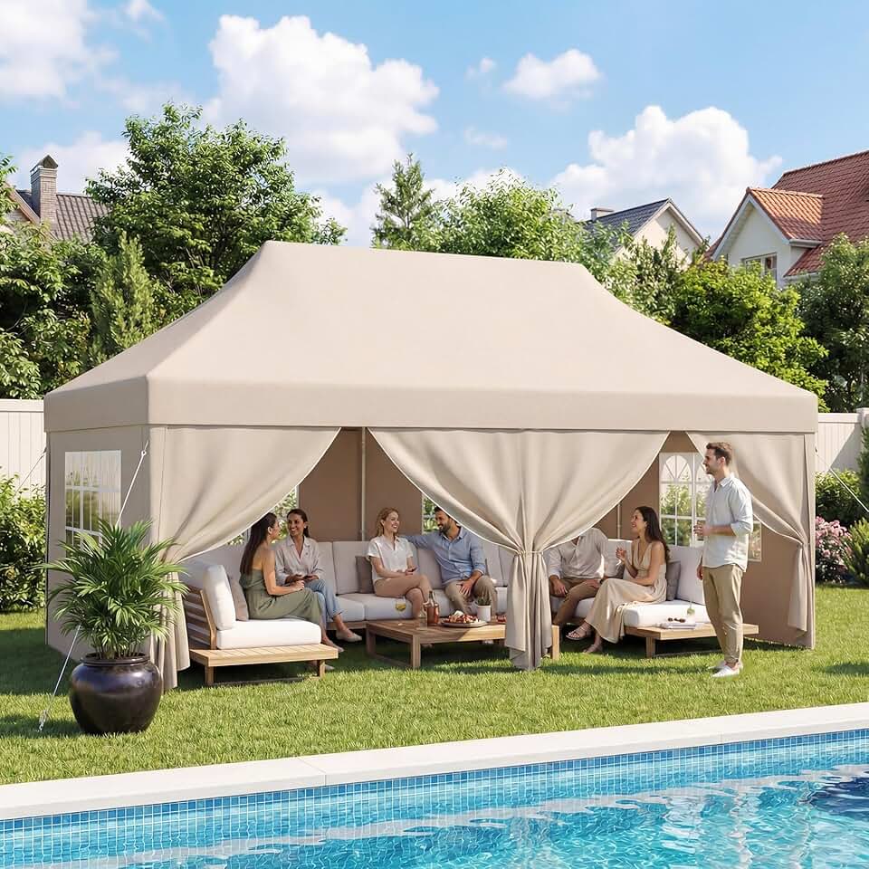 karaca-alisveris - tonnelle pliante série 3x6 - réglable, tissu Oxford imperméable, beige