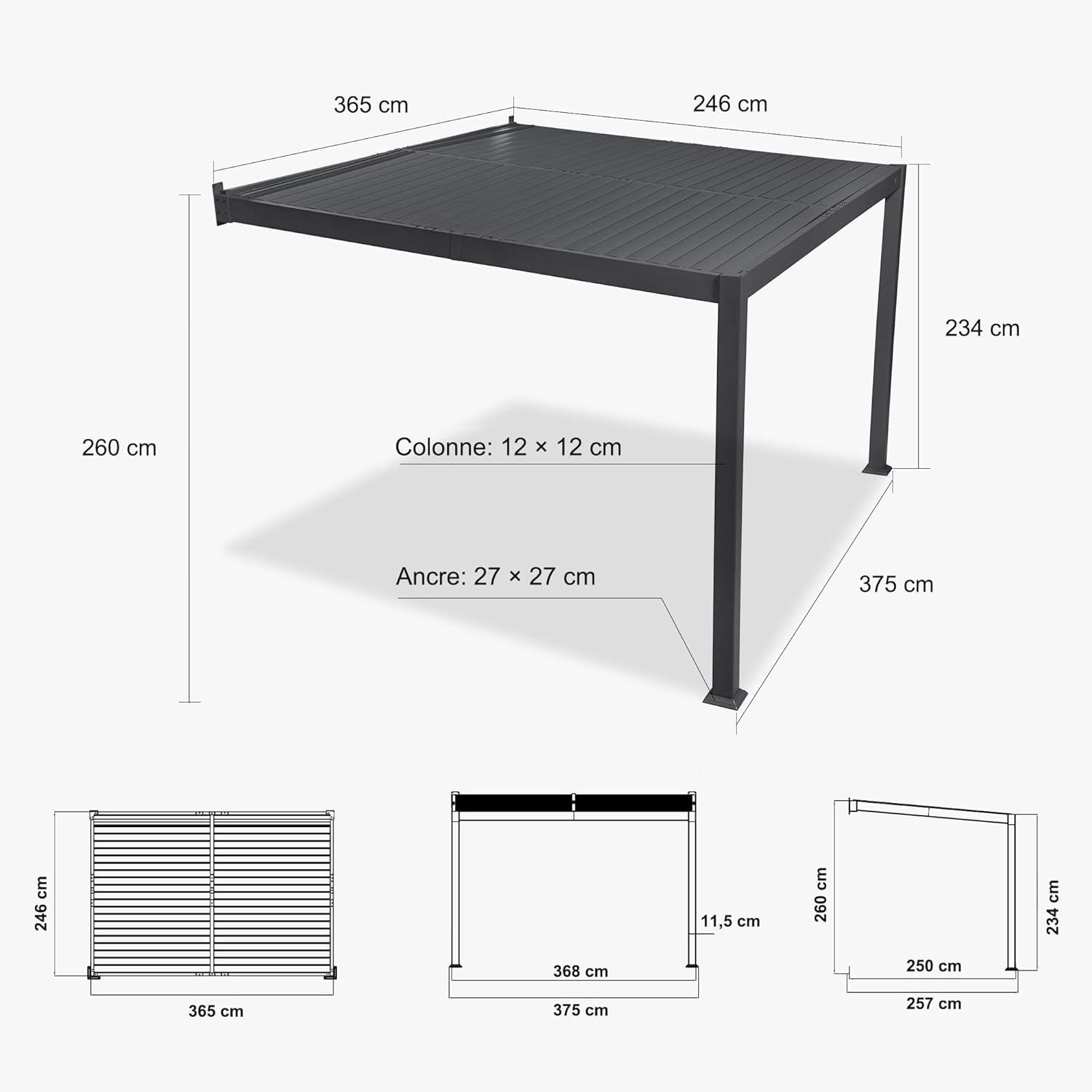 karaca-alisveris - pergola bioclimatique adossée - 2,5x3,65m - aluminium, lames orientables, imperméable, gain de place
