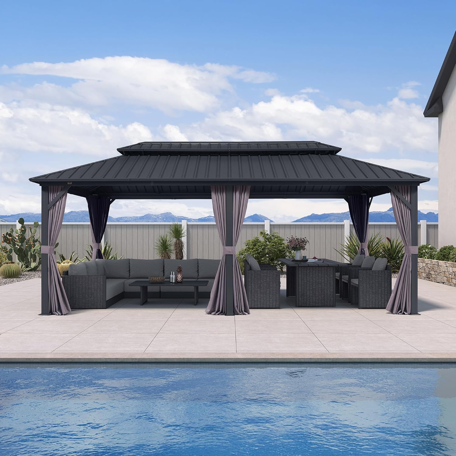 karaca-alisveris - pergola double toit 6x3m, alu & acier, rideaux & moustiquaire