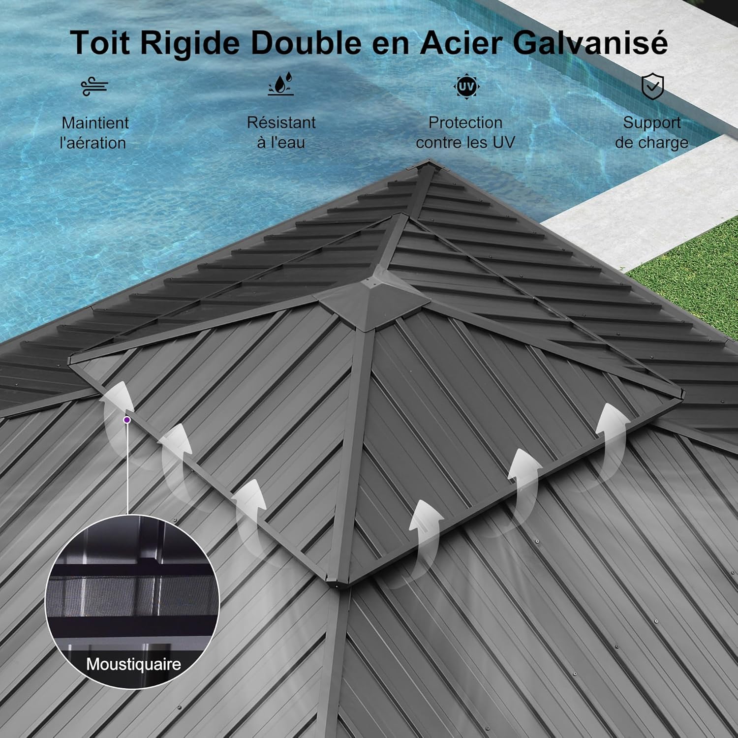karaca-alisveris - tonnelle double toit acier 4x4m, rideaux, moustiquaire
