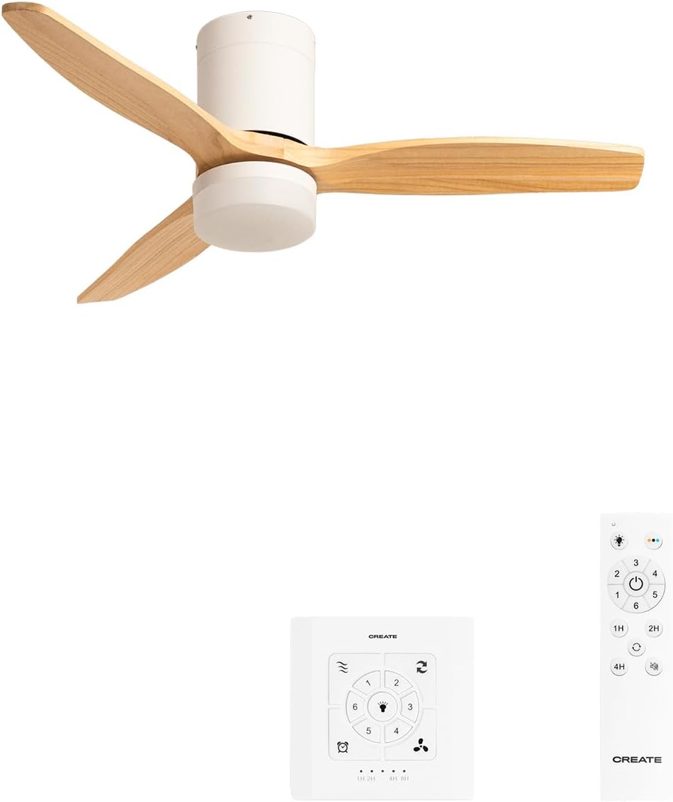 CREATE - Ventilateur plafond WindCalm - Ø112cm - lumière LED, pales bois, télécommande, 40W, été-hiver, 3 températures, 