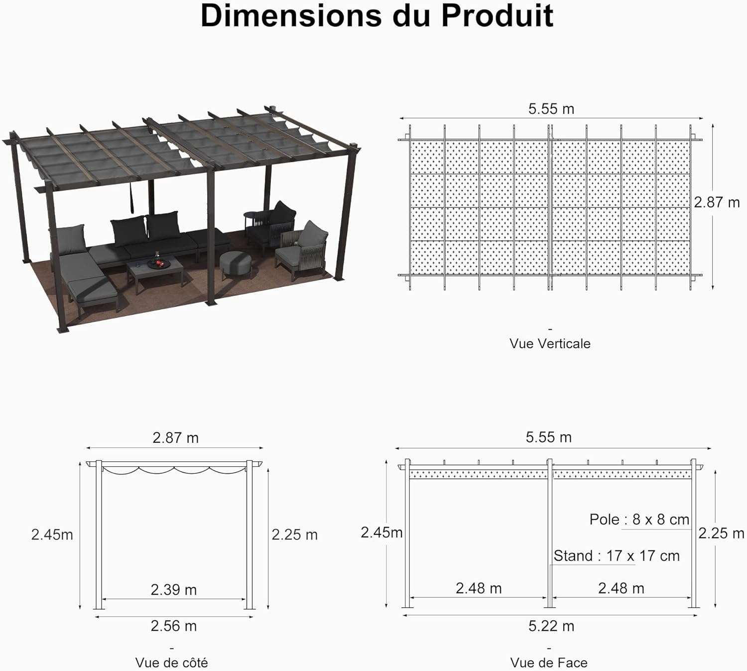 karaca-alisveris - Pergola aluminium 5,5x3m, éclairage LED, toit rétractable